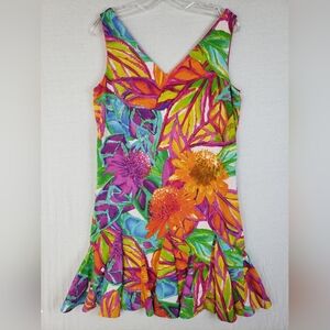 Ralph Lauren Godet Pleated Dress Colorful Floral Print Art-to-Wear size 8 Y2K